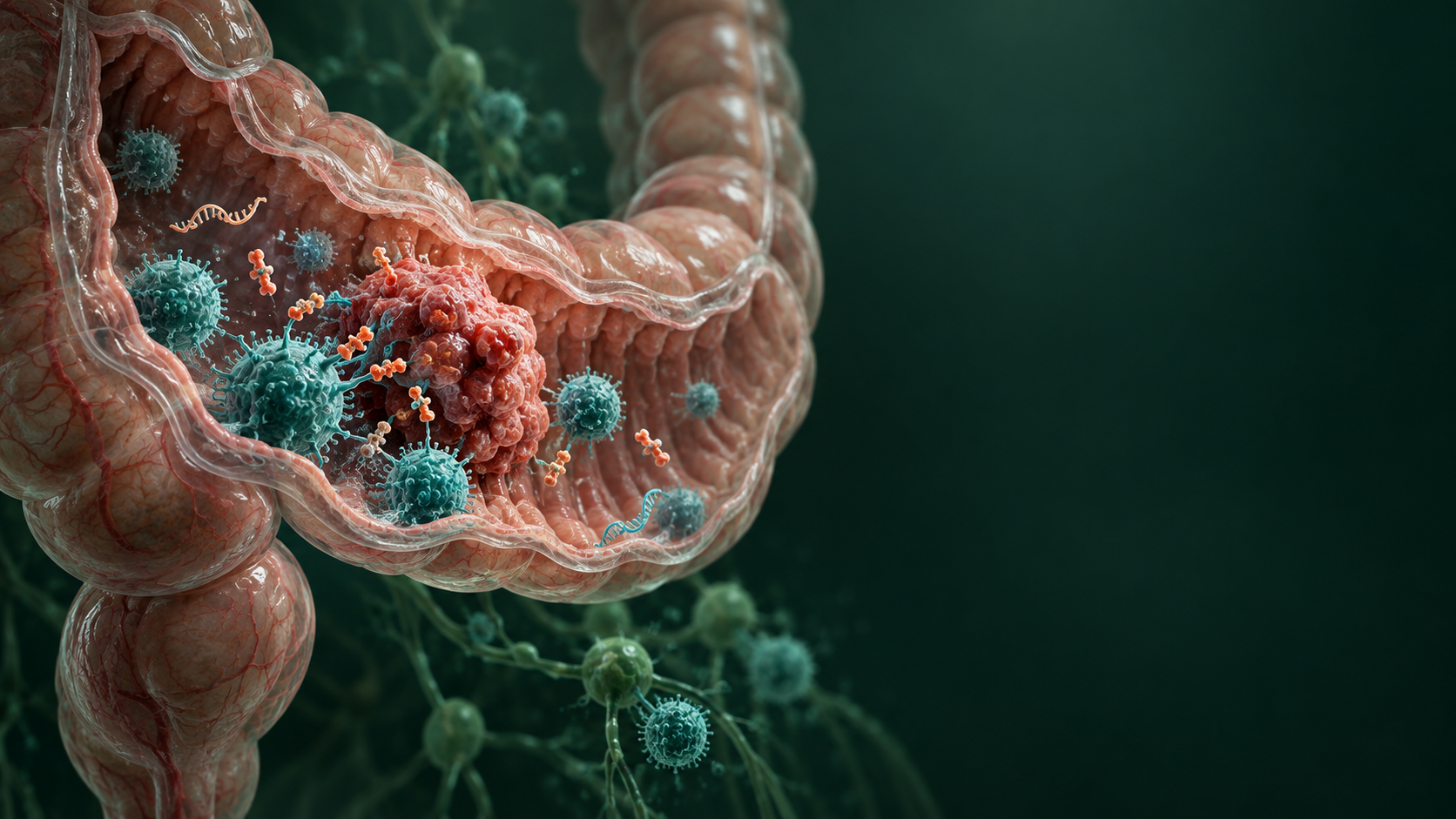 Scientific illustration of a colon tumour and immune cells